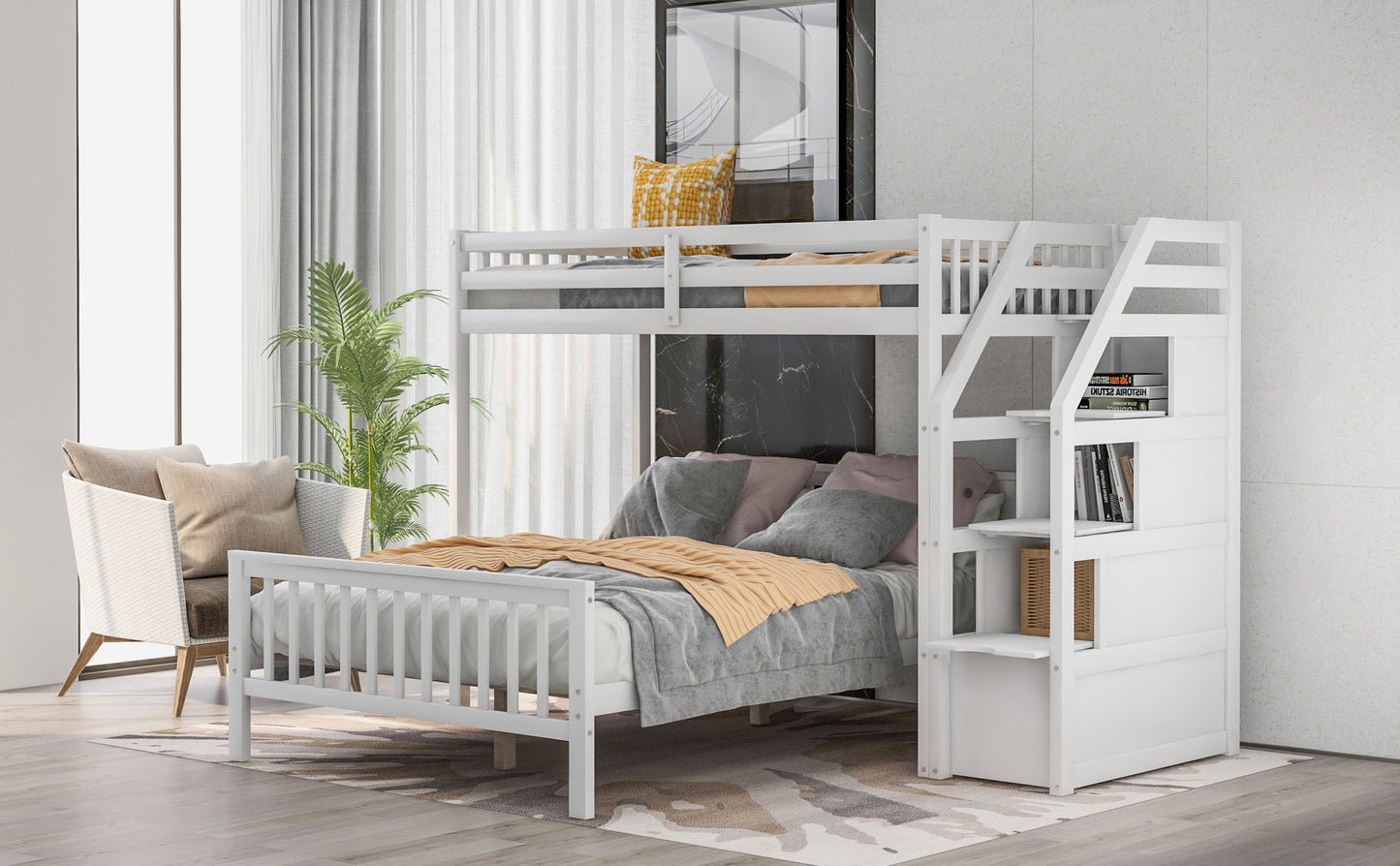 Twin over Full Loft Bed with Staircase (Gray)