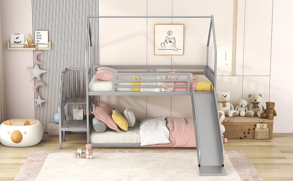 Twin over Twin Metal Bunk Bed w/Slide & Staircase