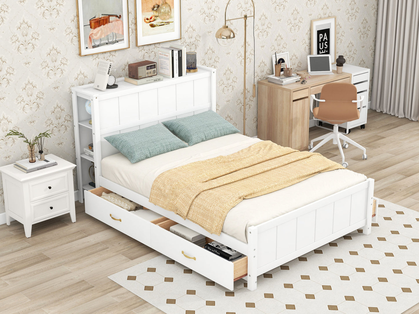 Full Size Platform Bed with Drawers and Storage Shelves