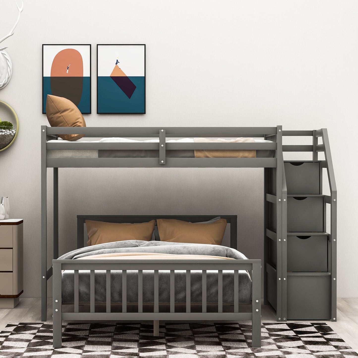 Twin over Full Loft Bed with Staircase (Gray)