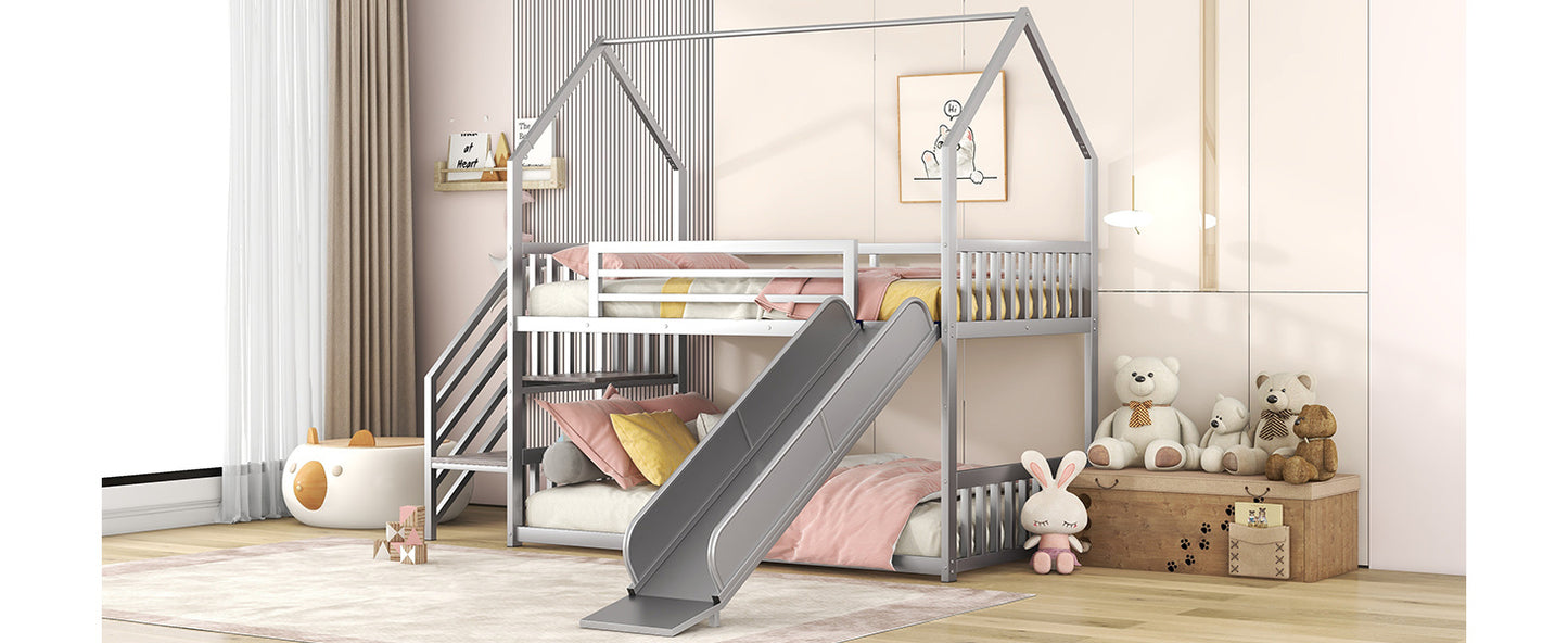 Twin over Twin Metal Bunk Bed w/Slide & Staircase