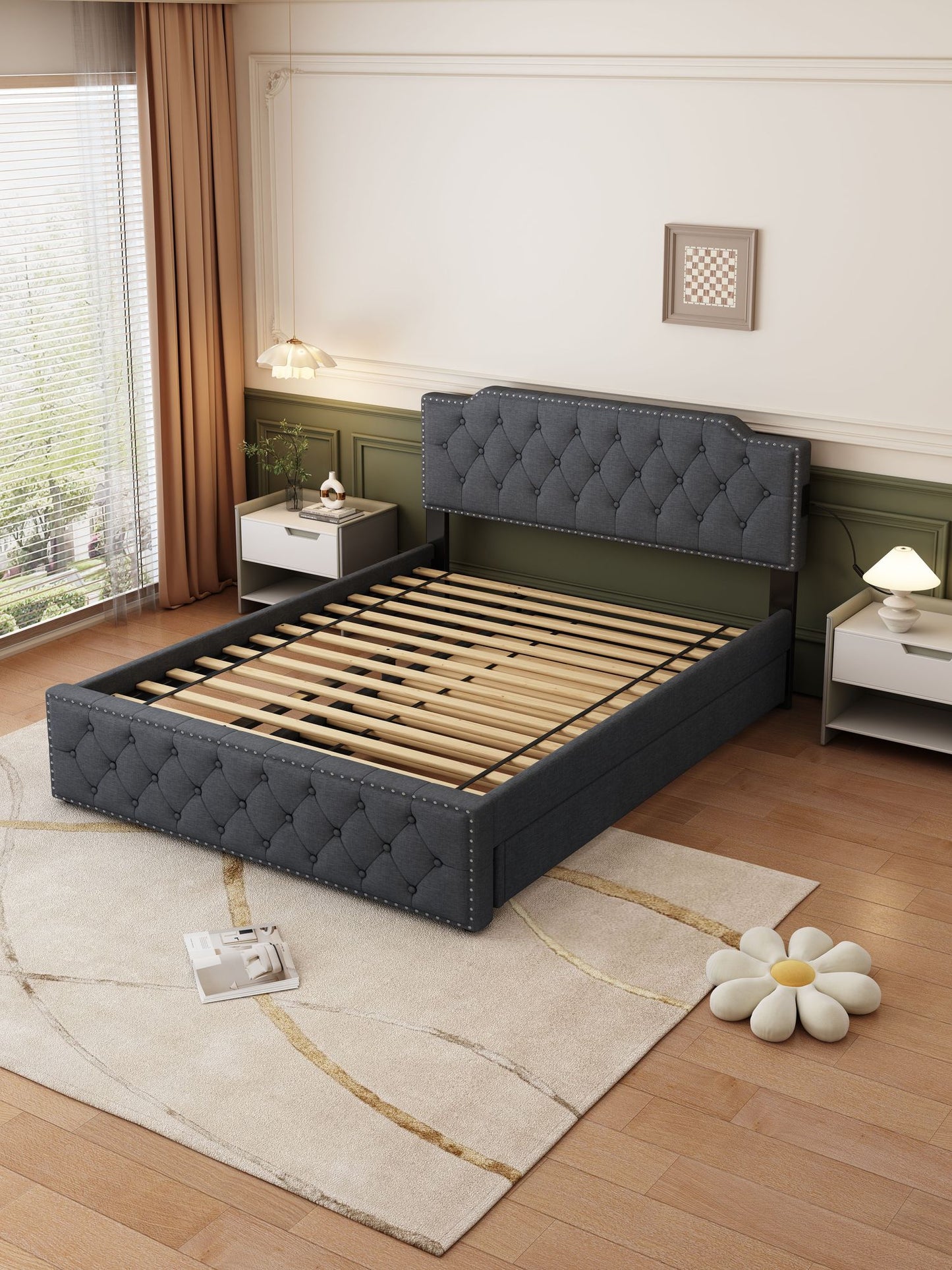 Queen Size Upholstered Platform Bed w/ Twin Size Trundle & USB Ports