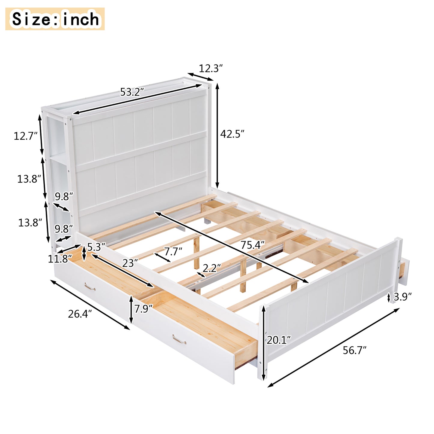 Full Size Platform Bed with Drawers and Storage Shelves