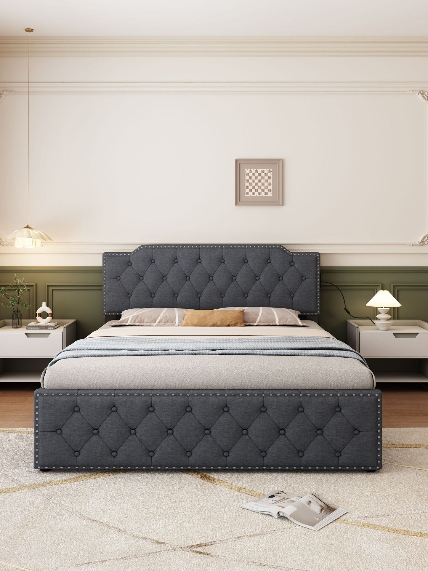 Queen Size Upholstered Platform Bed w/ Twin Size Trundle & USB Ports