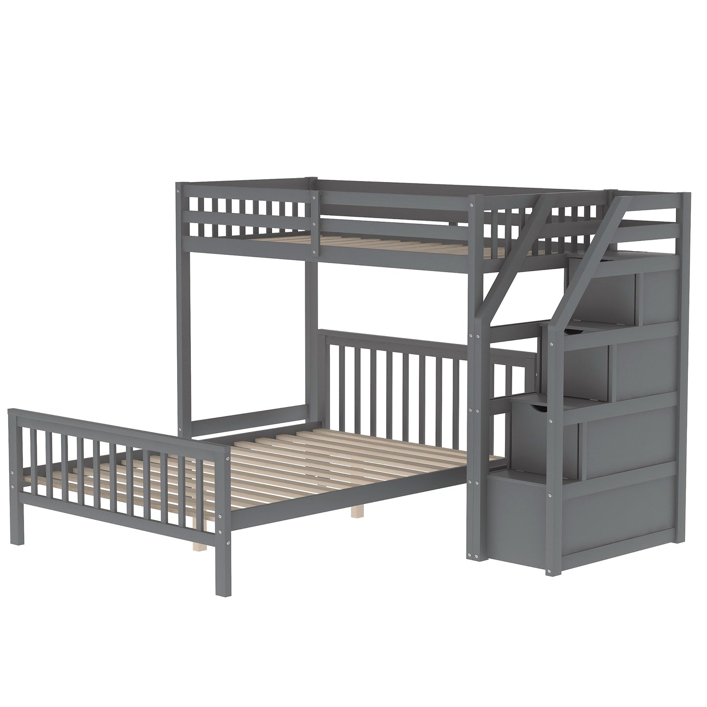 Twin over Full Loft Bed with Staircase (Gray)