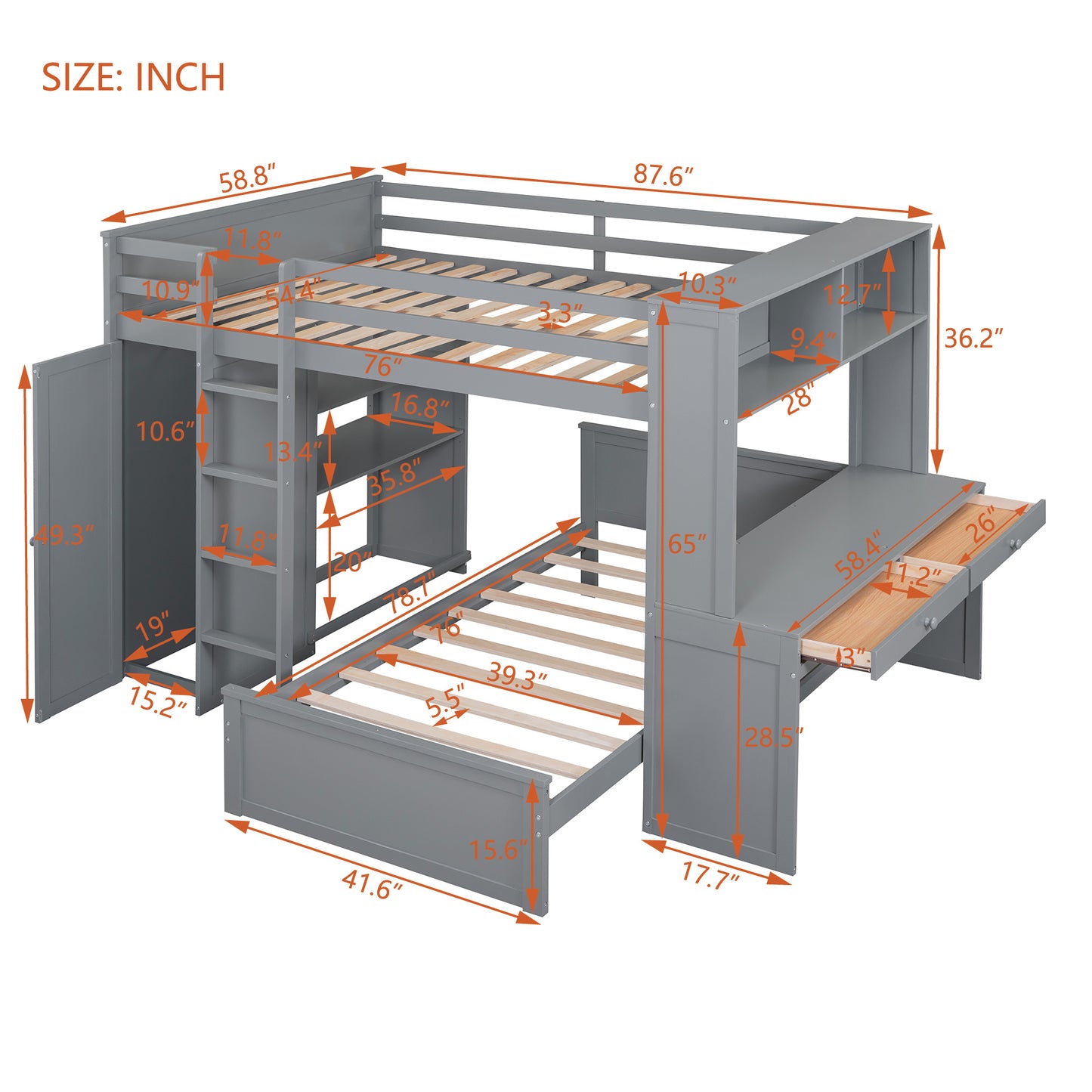 Full size Loft Bed w/ twin size Stand-alone bed( Shelves, Desk, and Wardrobe)