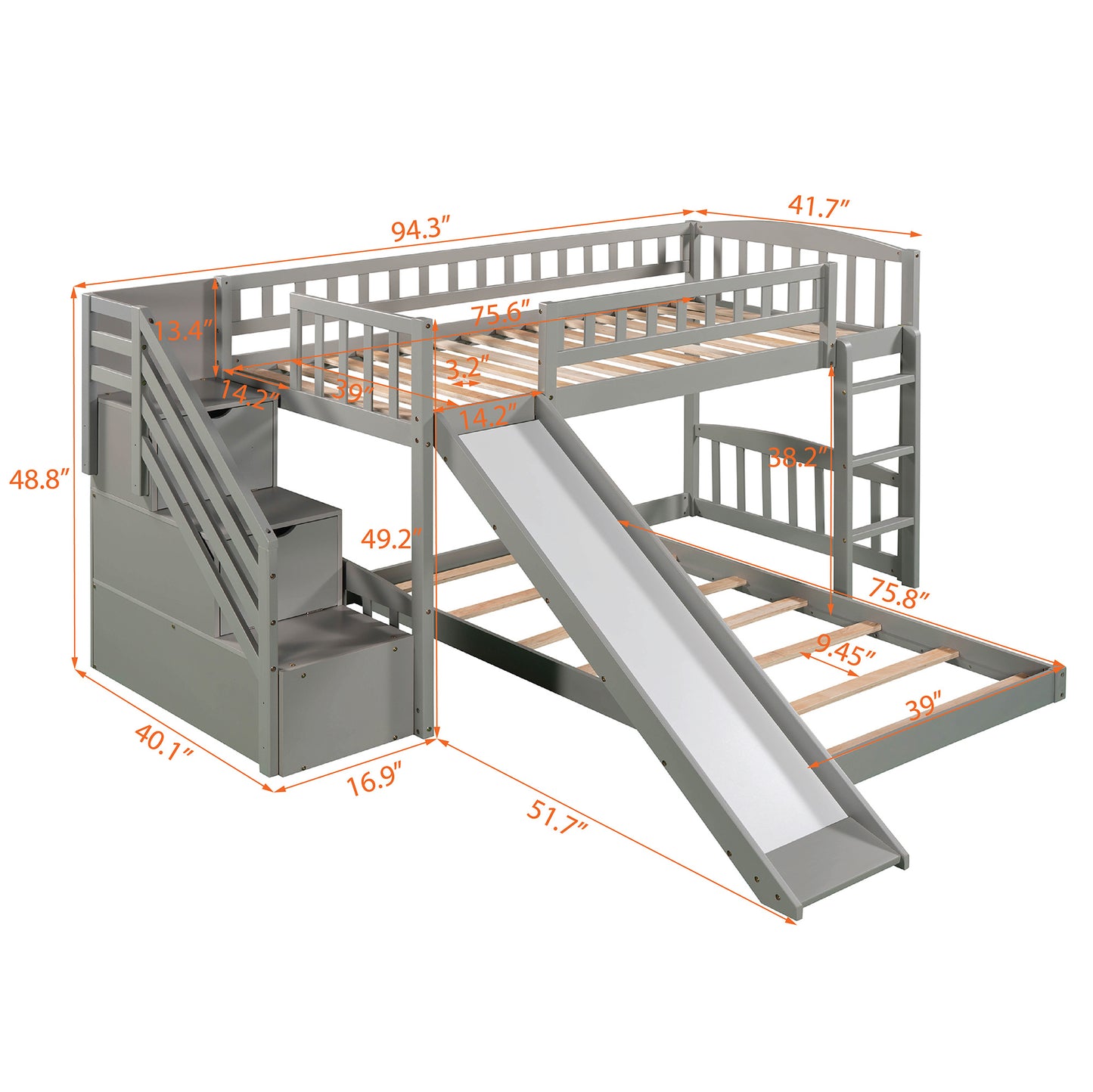 Stairway Twin over Twin Bunk Bed w/Two Drawers and Slide