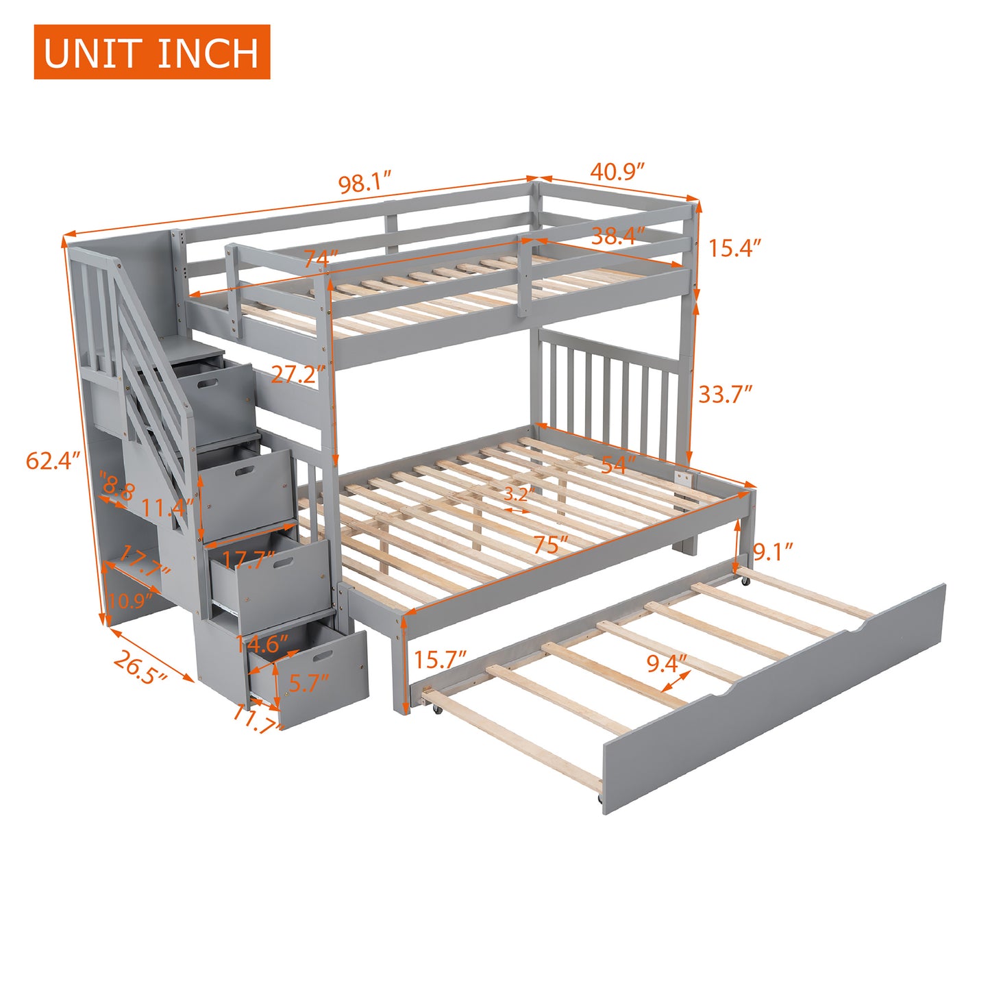 Twin over Twin/Full Bunk Bed w/Twin Size Trundle