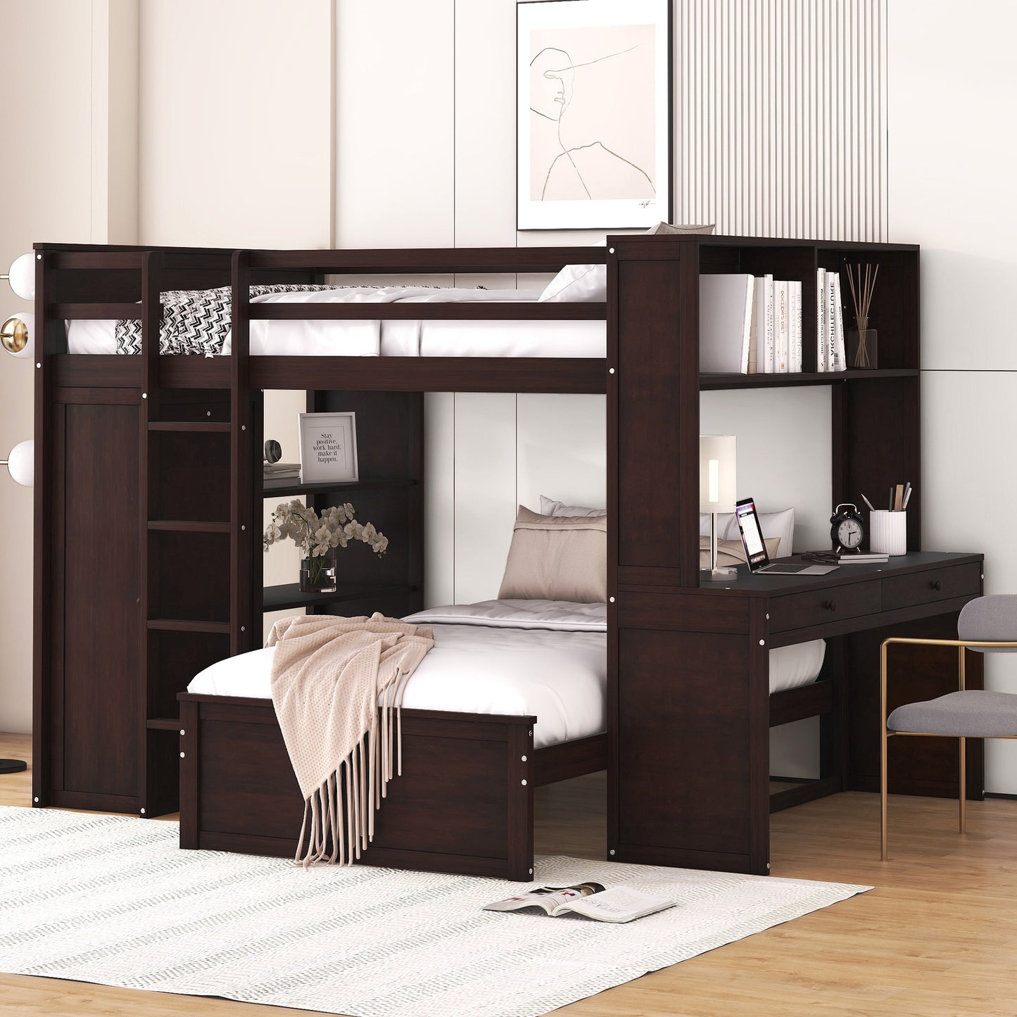 Full size Loft Bed w/ twin size Stand-alone bed( Shelves, Desk, and Wardrobe)