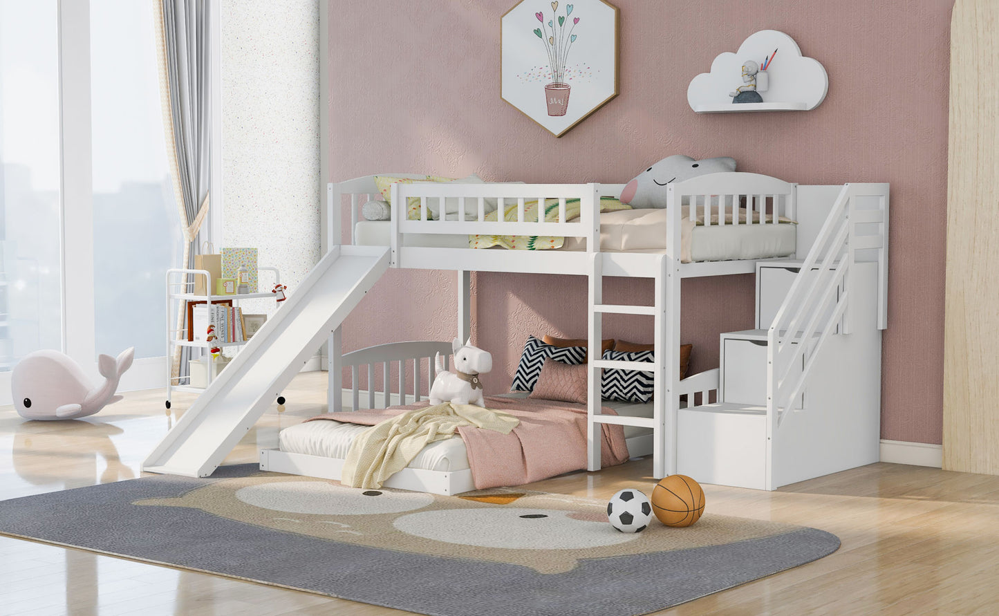 Stairway Twin over Twin Bunk Bed w/Two Drawers and Slide