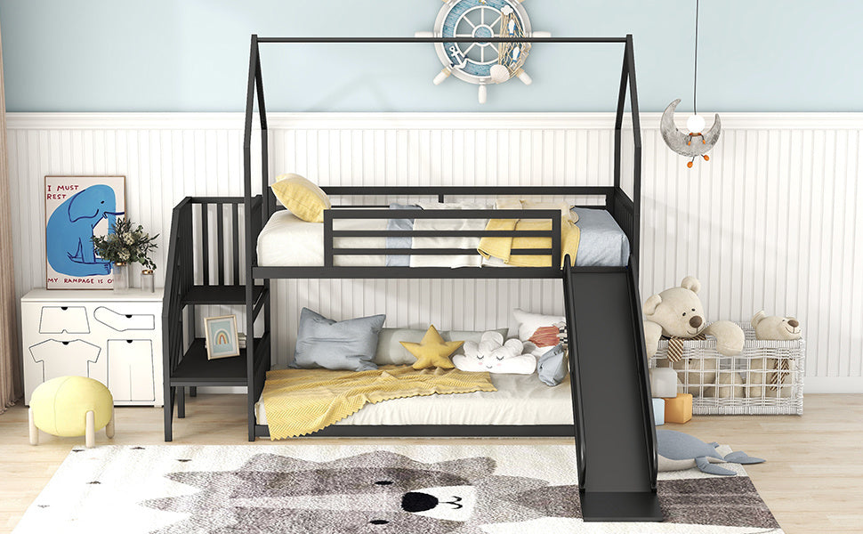 Twin over Twin Metal Bunk Bed w/Slide & Staircase