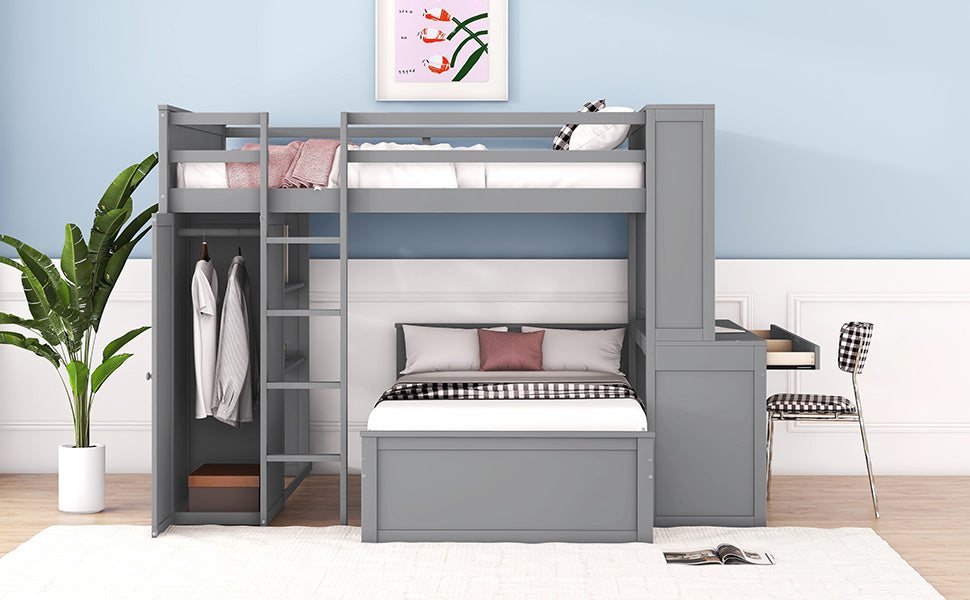 Full size Loft Bed w/ twin size Stand-alone bed( Shelves, Desk, and Wardrobe)