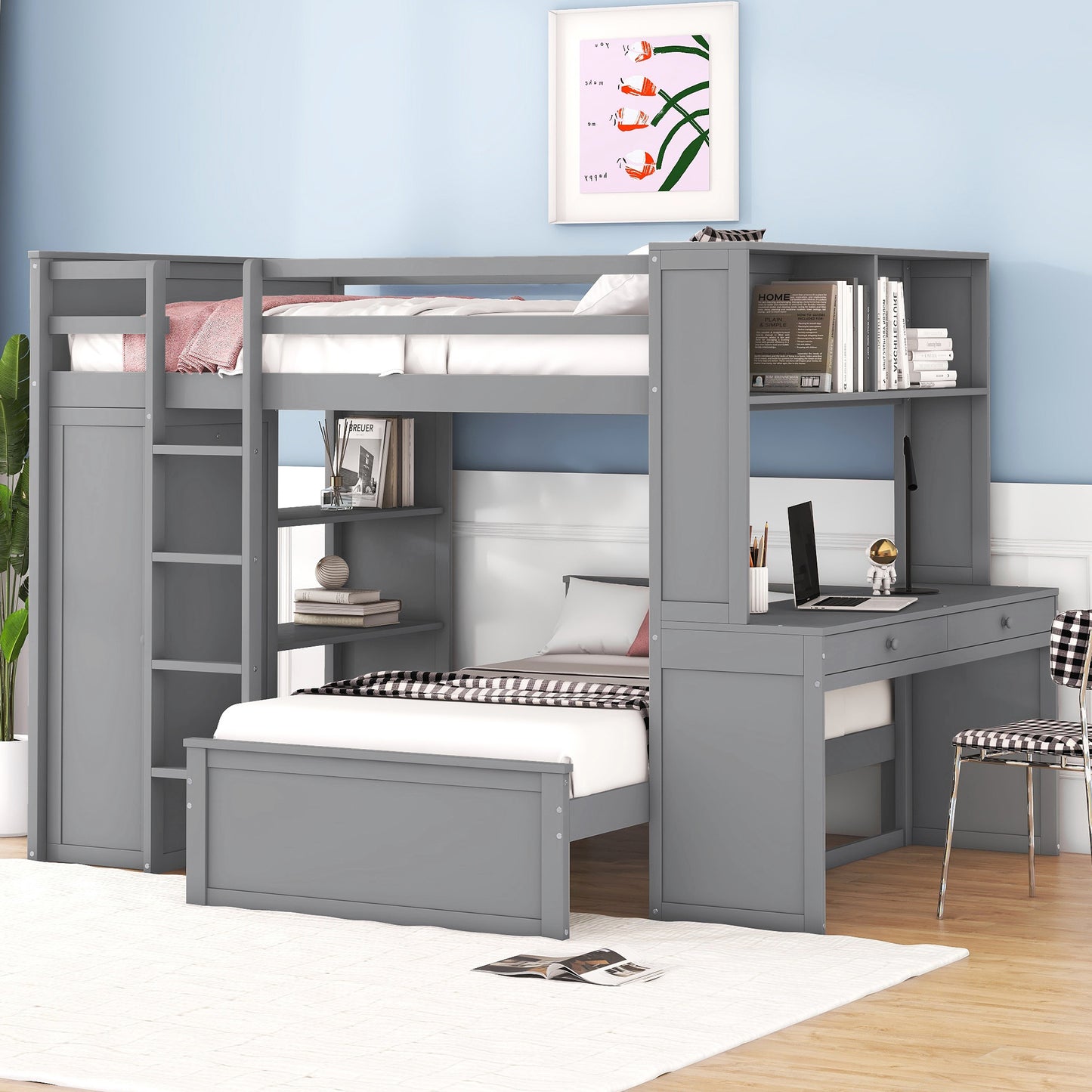 Full size Loft Bed w/ twin size Stand-alone bed( Shelves, Desk, and Wardrobe)