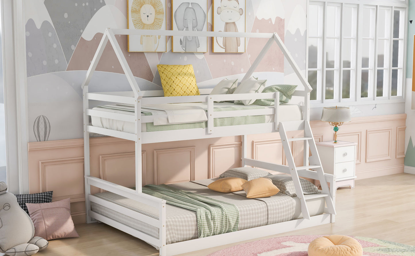 Twin over Full House Bunk Bed w/Built-in Ladder