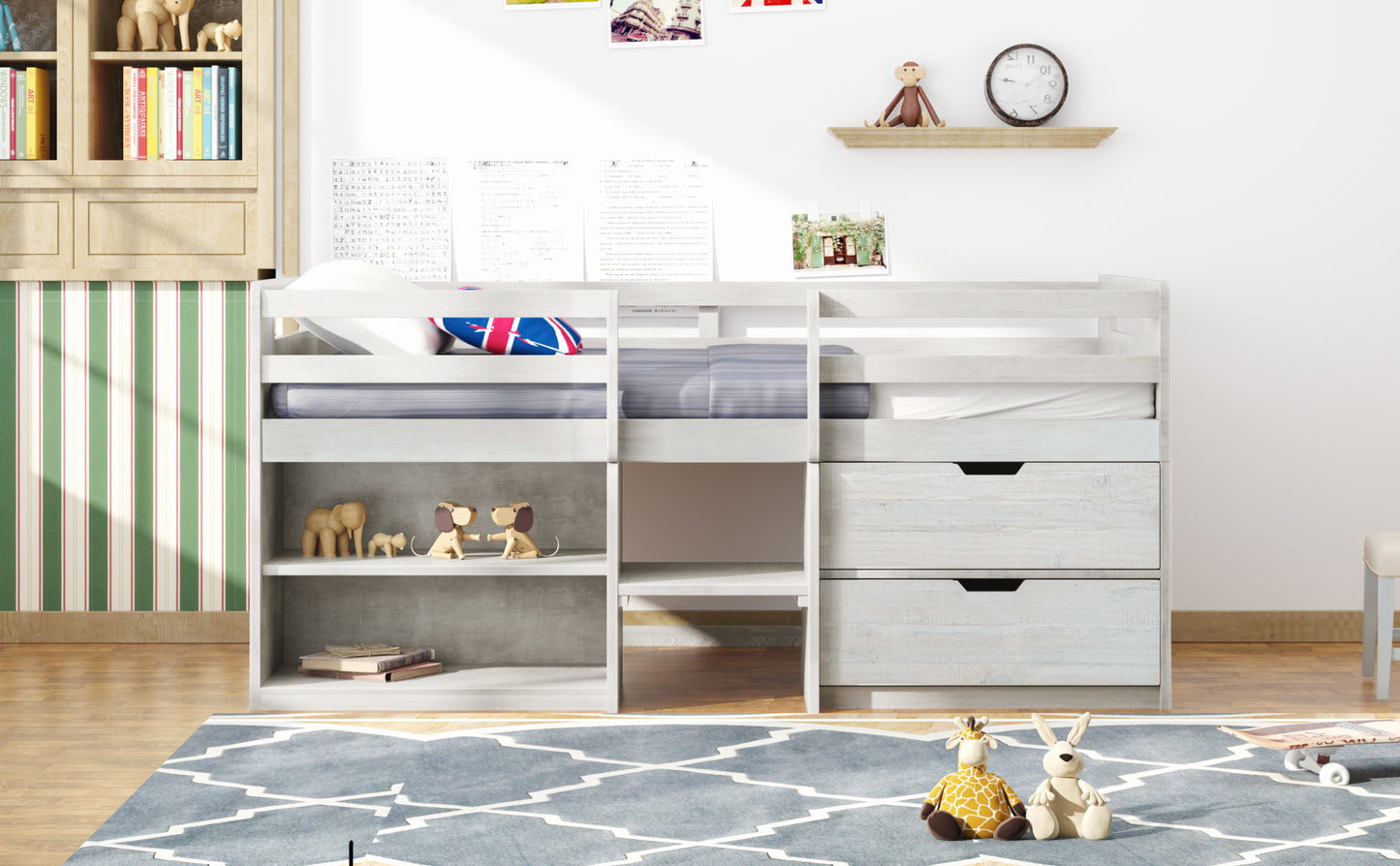 Twin size Loft Bed w/Two Shelves & Two drawers