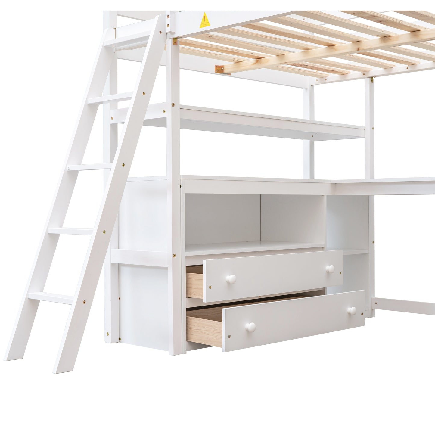 Full Size Loft Bed w/Desk, Shelves &Two Built-in Drawers