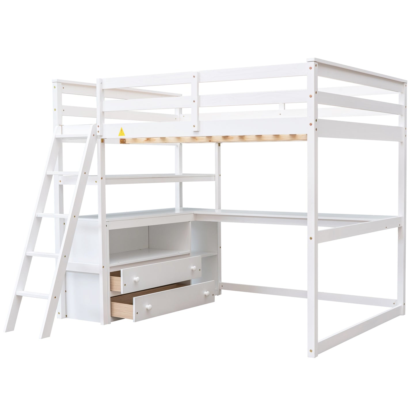 Full Size Loft Bed w/Desk, Shelves &Two Built-in Drawers