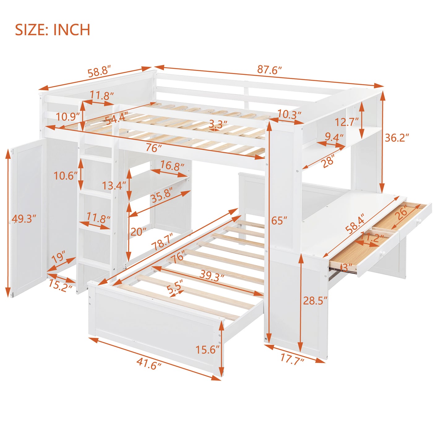 Full size Loft Bed w/ twin size Stand-alone bed( Shelves, Desk, and Wardrobe)