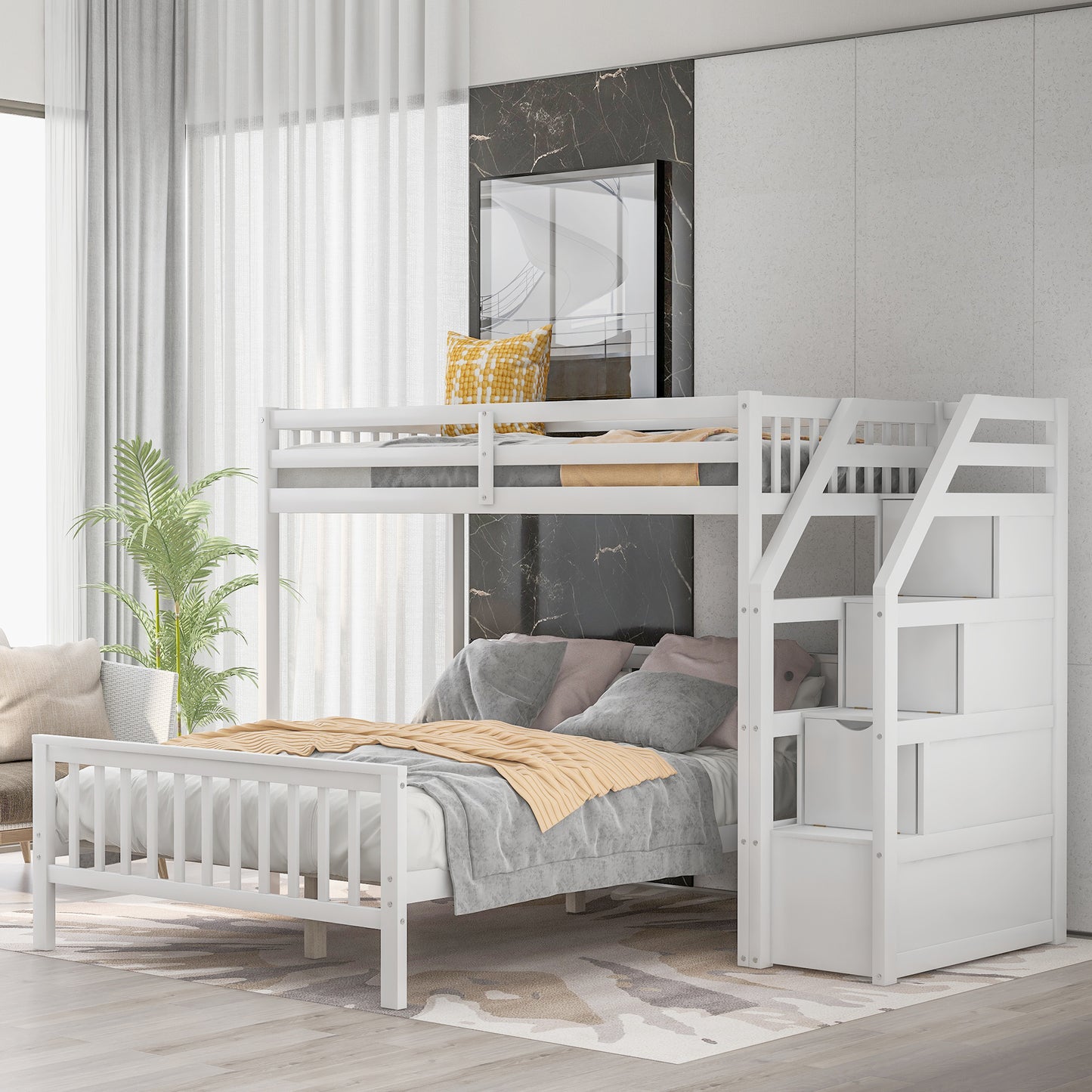 Twin over Full Loft Bed with Staircase (Gray)