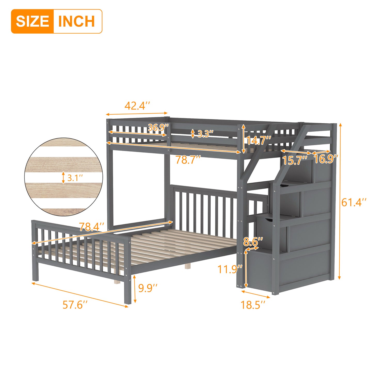 Twin over Full Loft Bed with Staircase (Gray)