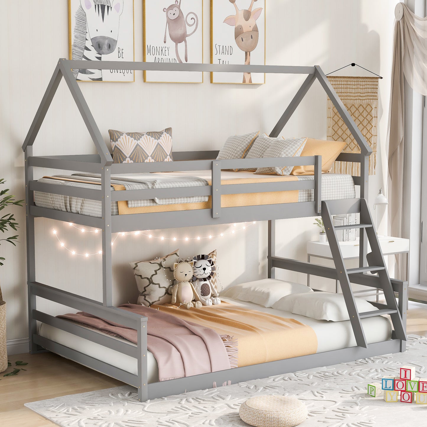 Twin over Full House Bunk Bed w/Built-in Ladder