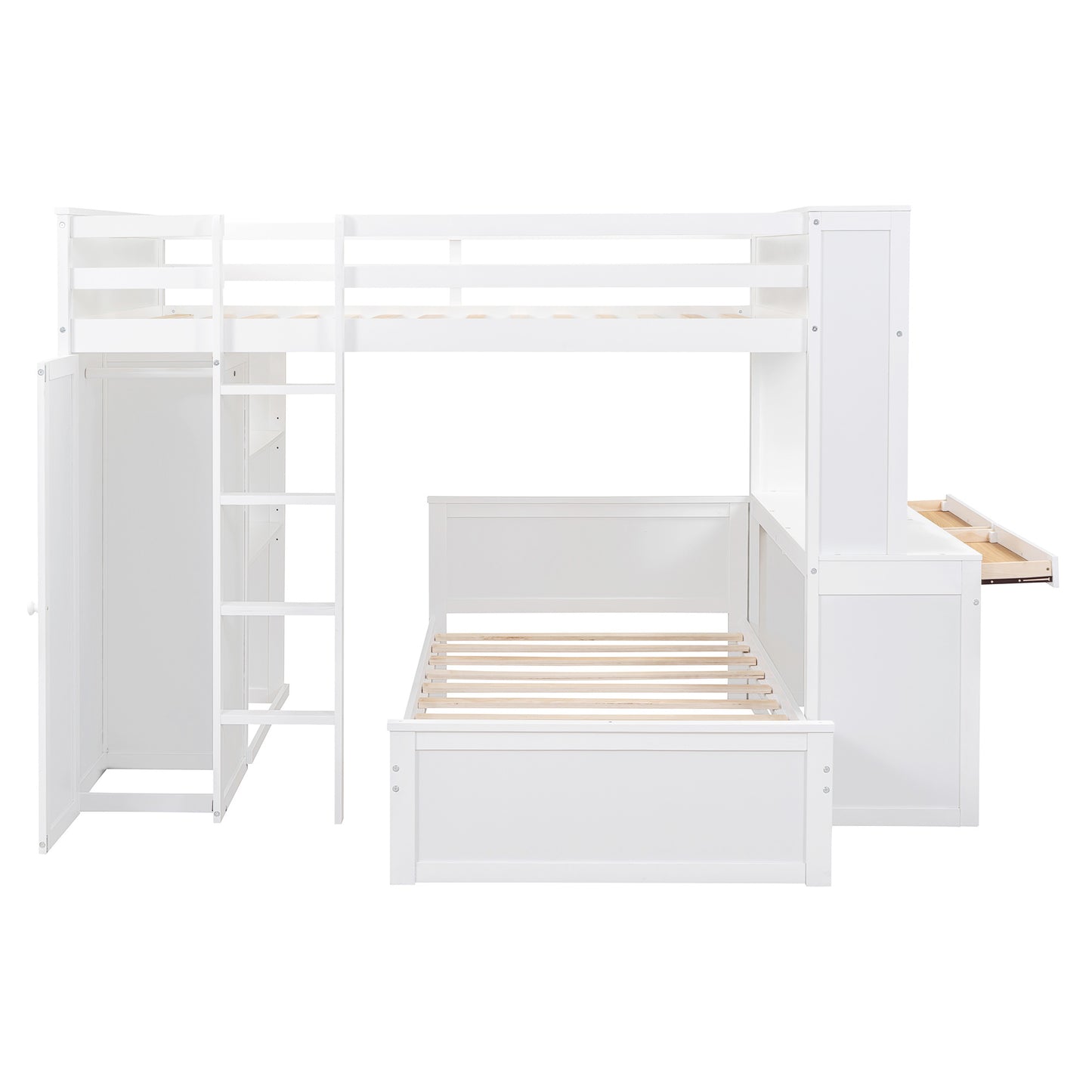 Full size Loft Bed w/ twin size Stand-alone bed( Shelves, Desk, and Wardrobe)