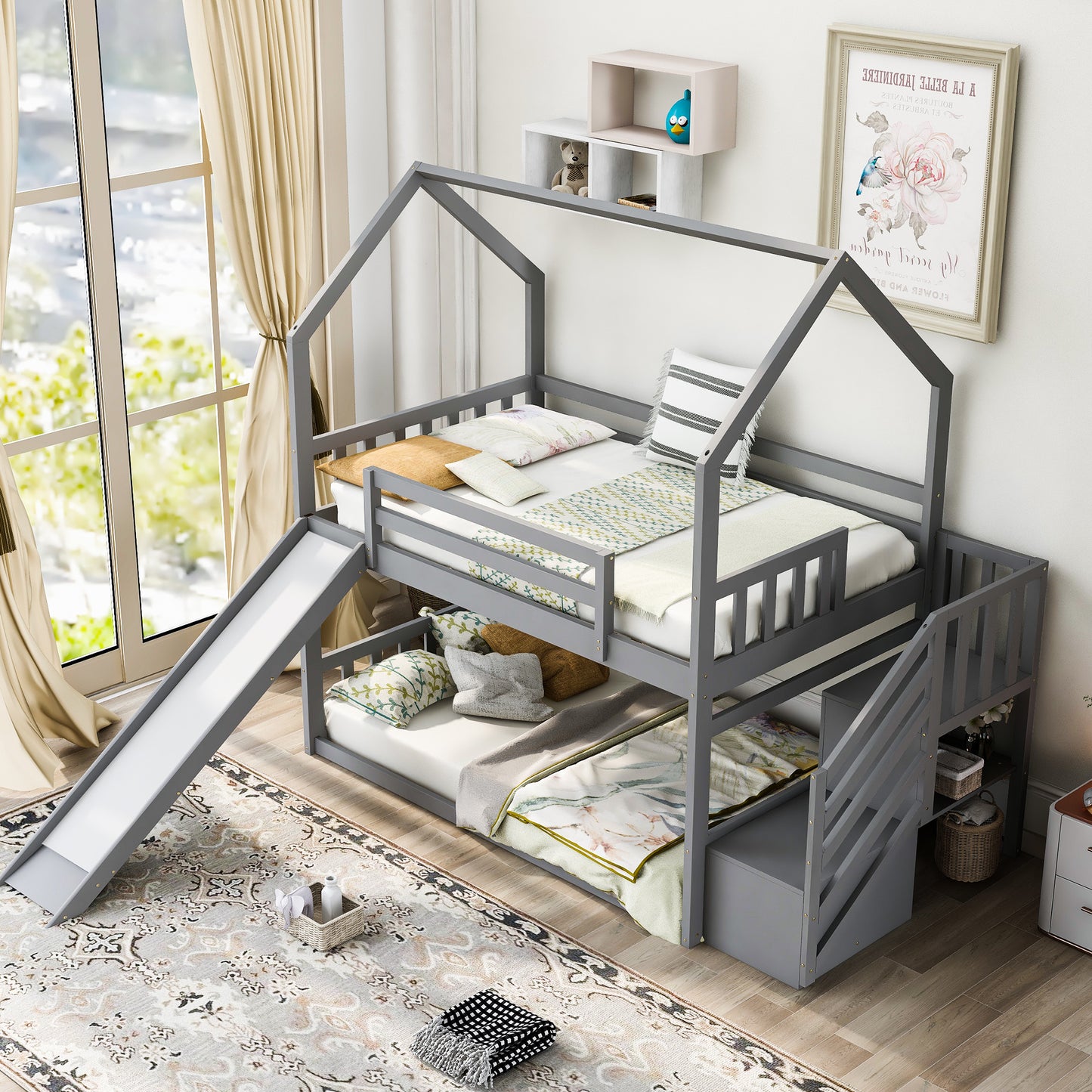 Twin over Twin Bunk Bed with Convertible Slide & Storage Staircase