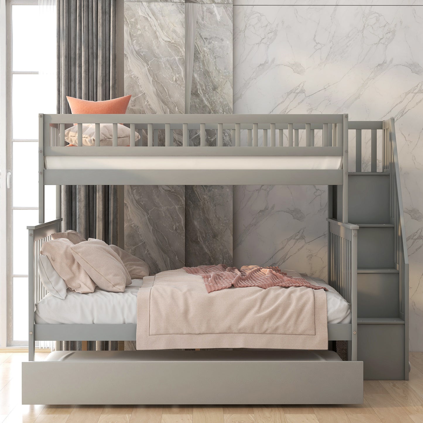 Twin over Full Bunk Bed w/Trundle & Staircase