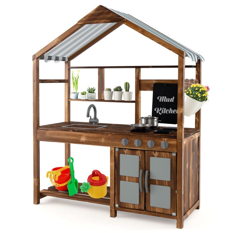 Outdoor Solid Wood Mud Kitchen w/ Canopy