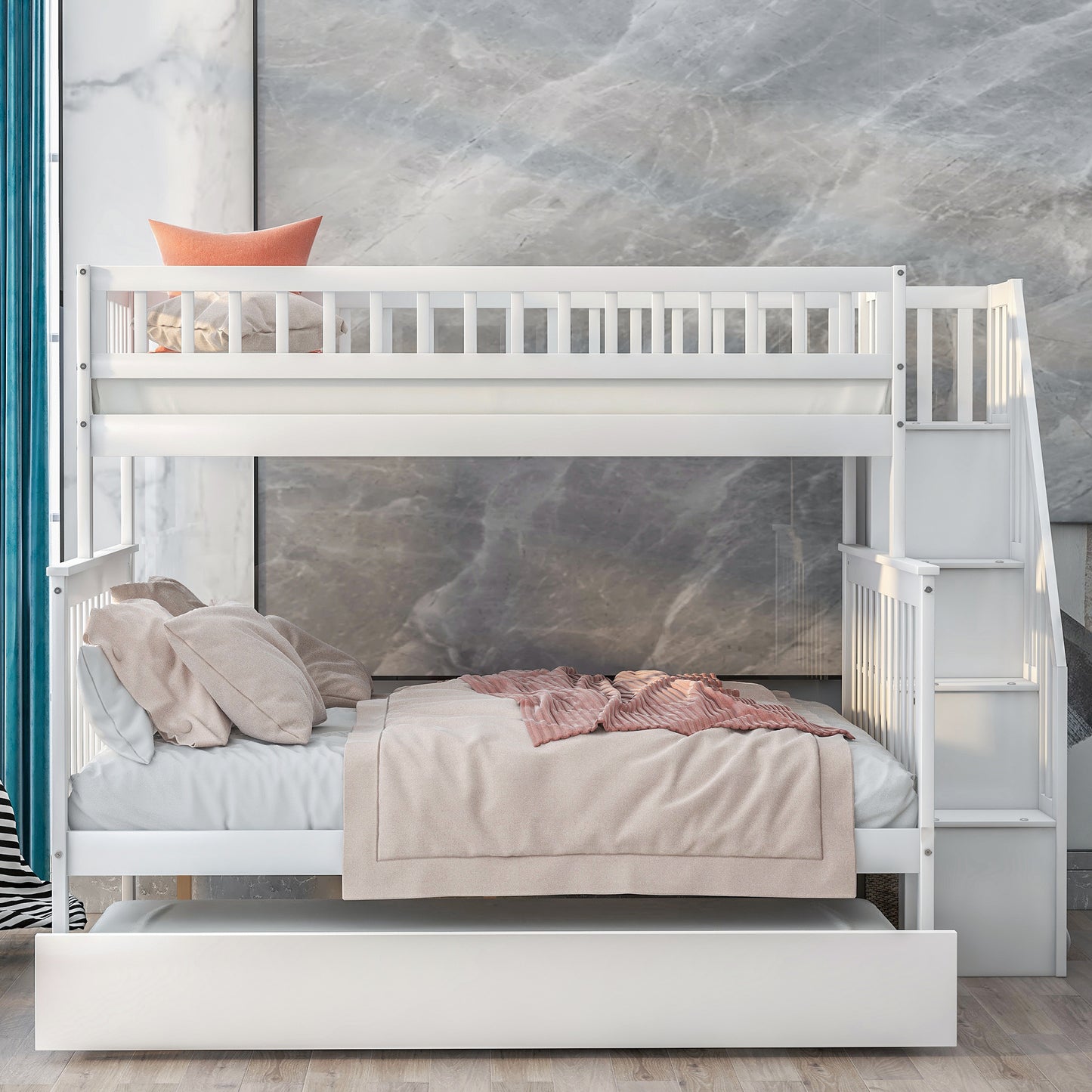 Twin over Full Bunk Bed w/Trundle & Staircase