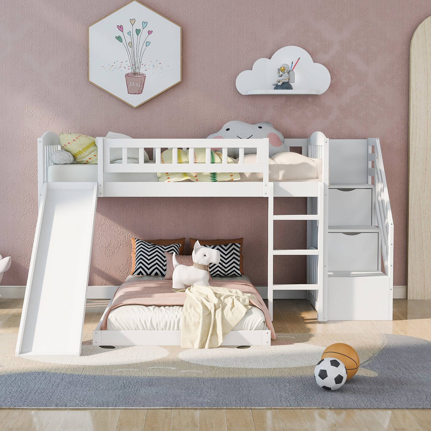 Stairway Twin over Twin Bunk Bed w/Two Drawers and Slide