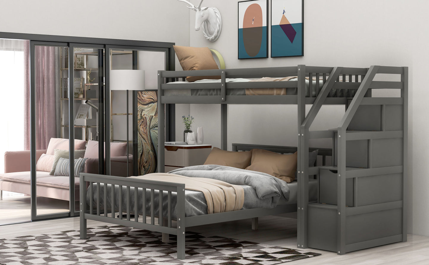 Twin over Full Loft Bed with Staircase (Gray)