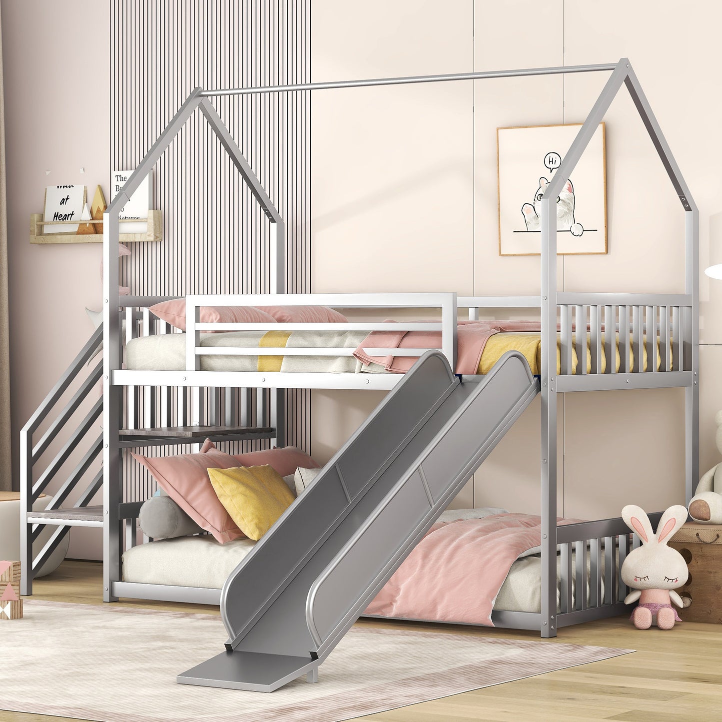 Twin over Twin Metal Bunk Bed w/Slide & Staircase