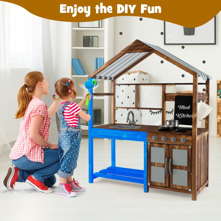 Outdoor Solid Wood Mud Kitchen w/ Canopy