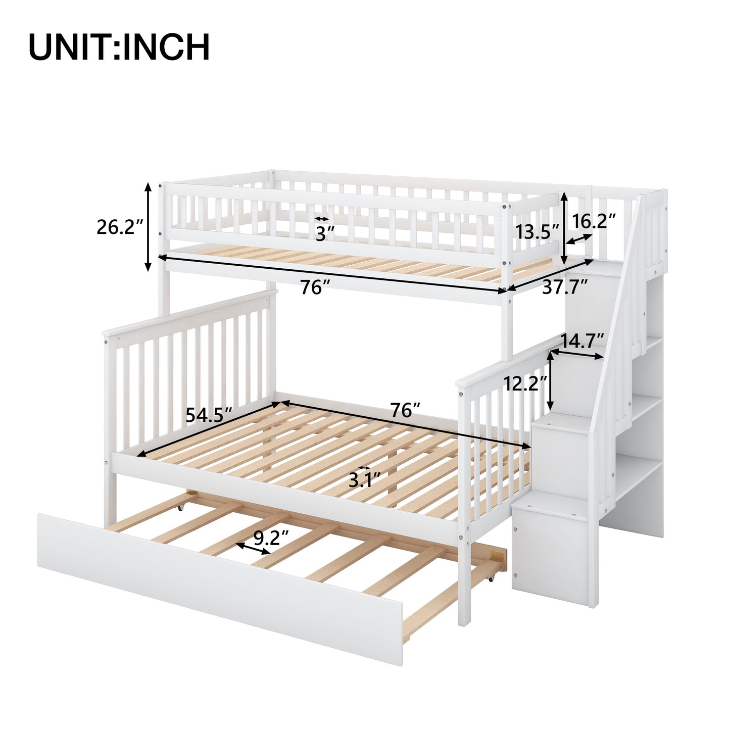 Twin over Full Bunk Bed w/Trundle & Staircase