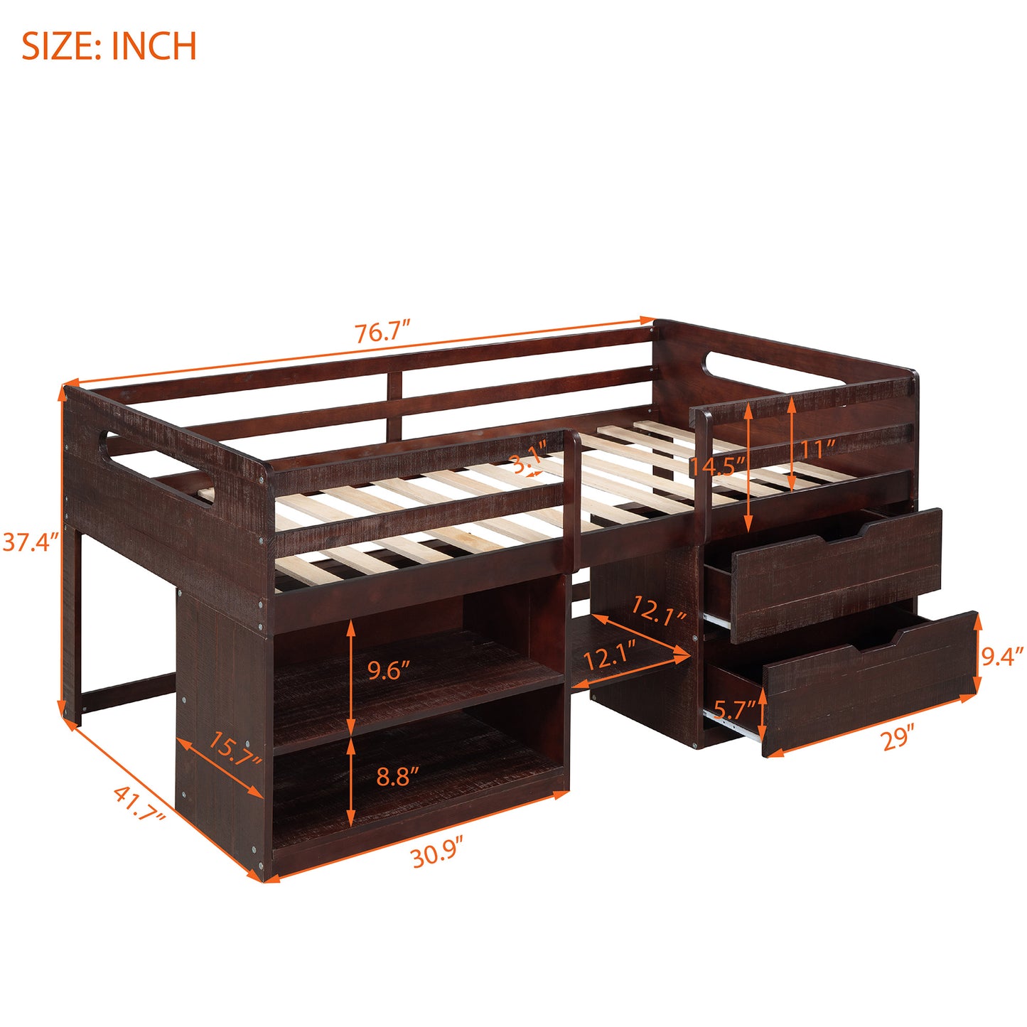 Twin size Loft Bed w/Two Shelves & Two drawers