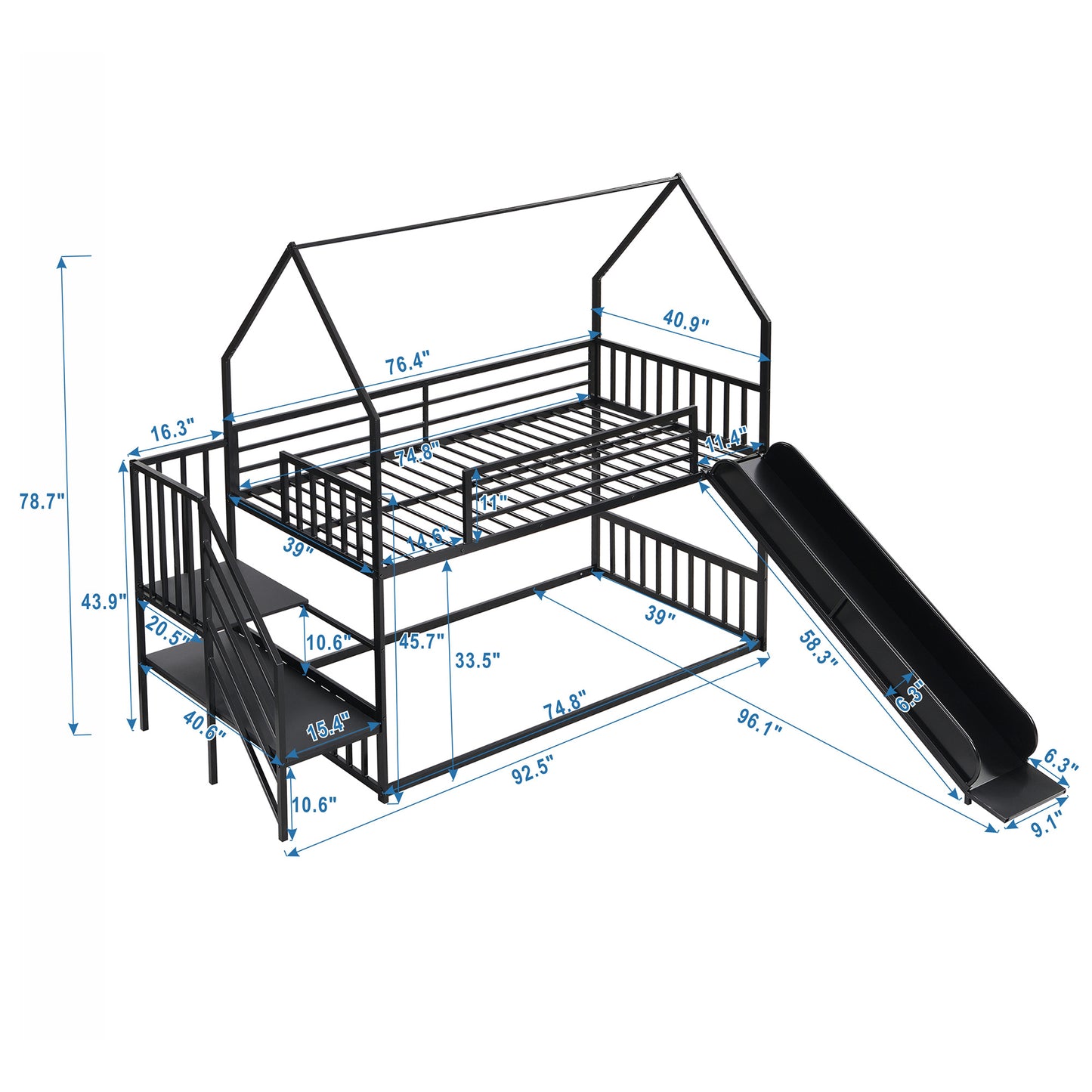 Twin over Twin Metal Bunk Bed w/Slide & Staircase