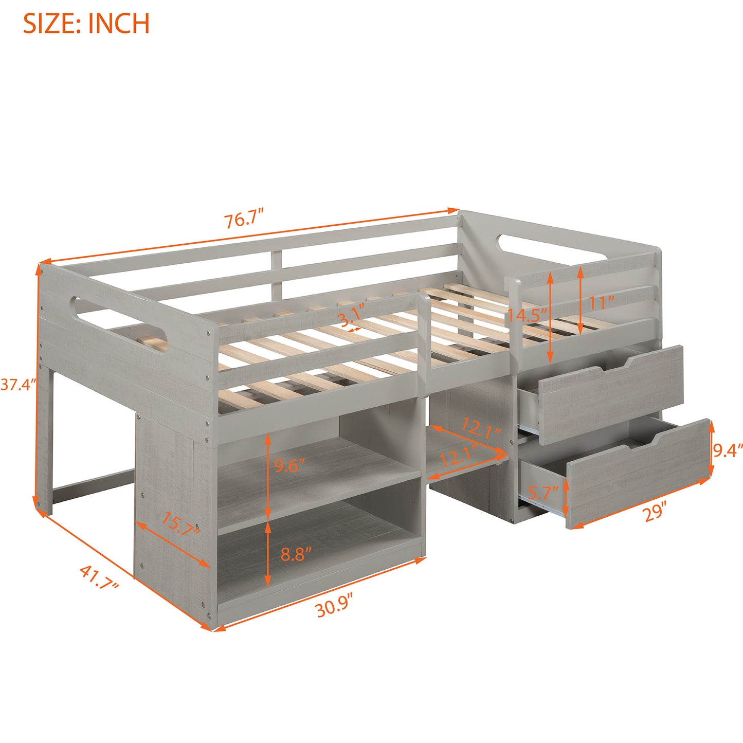 Twin size Loft Bed w/Two Shelves & Two drawers