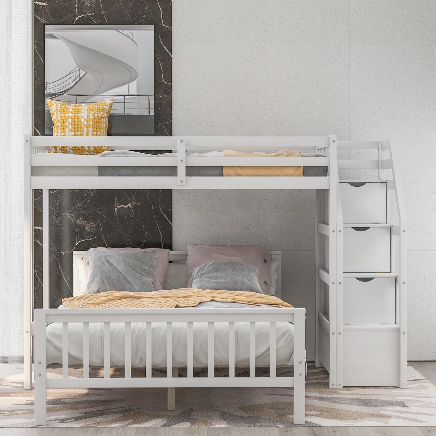 Twin over Full Loft Bed with Staircase (Gray)