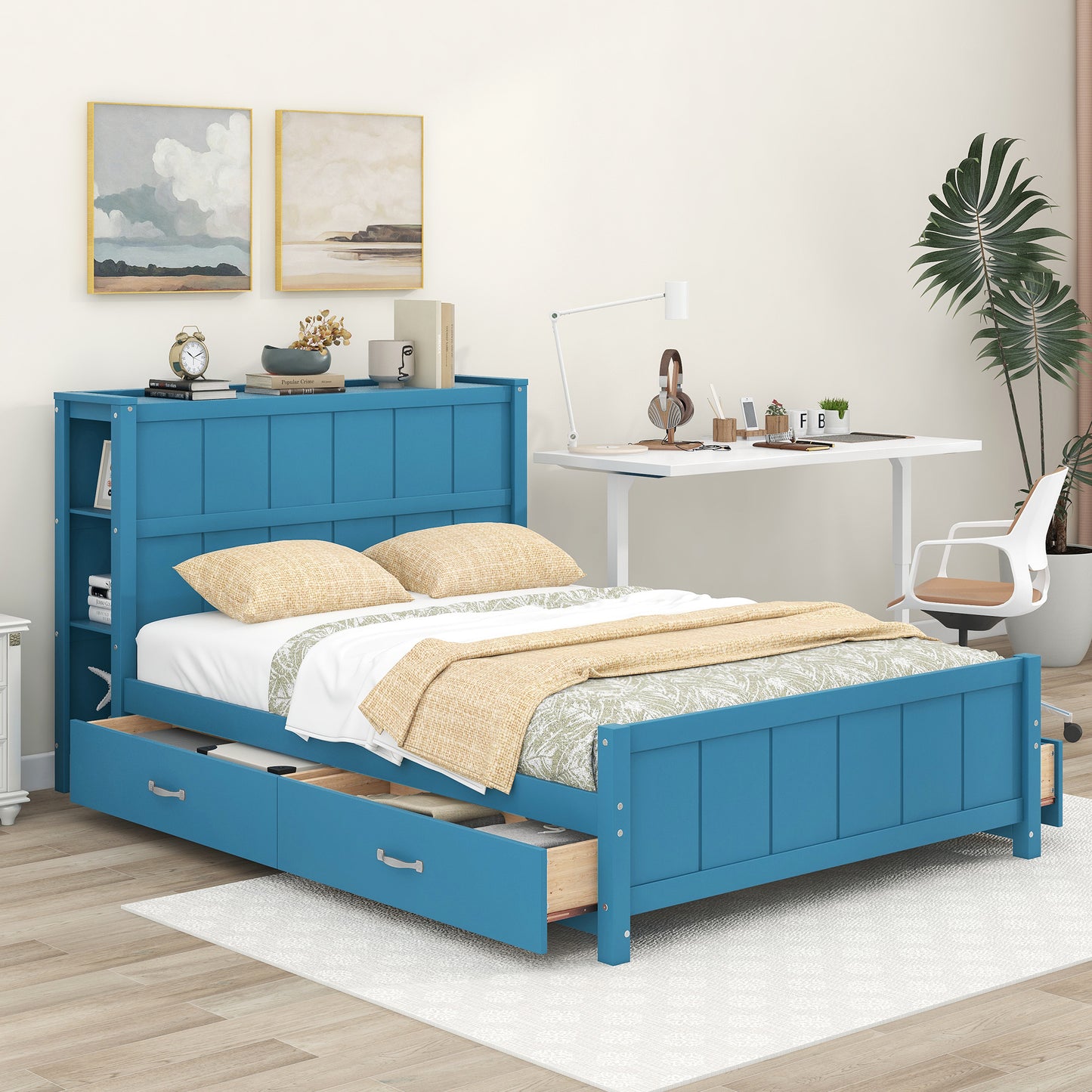 Full Size Platform Bed with Drawers and Storage Shelves