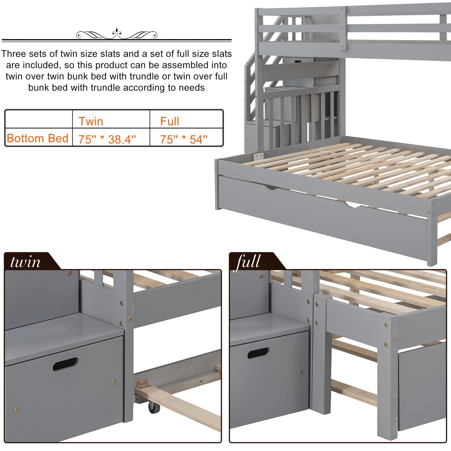 Twin over Twin/Full Bunk Bed w/Twin Size Trundle