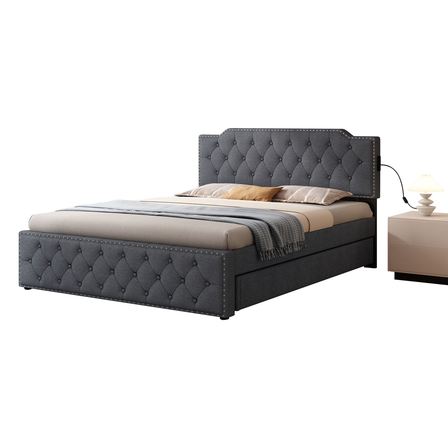 Queen Size Upholstered Platform Bed w/ Twin Size Trundle & USB Ports