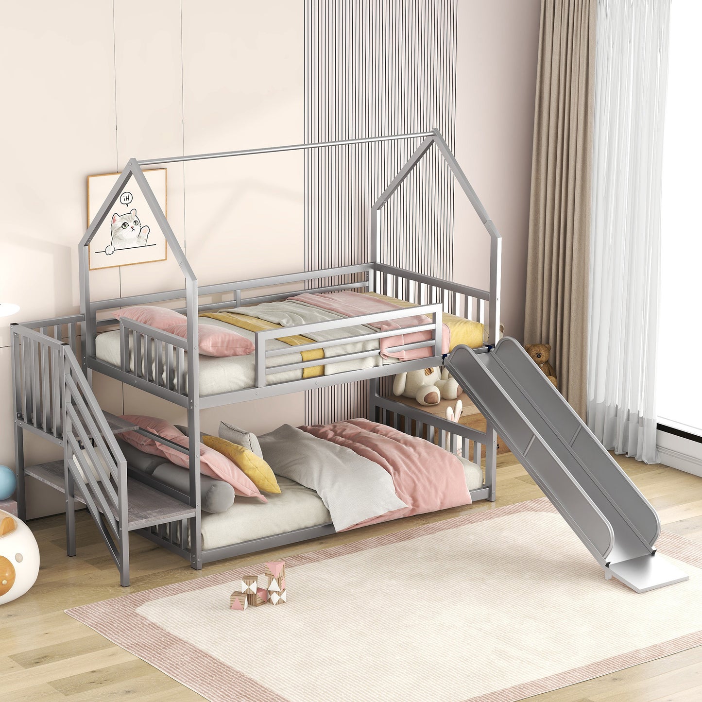 Twin over Twin Metal Bunk Bed w/Slide & Staircase