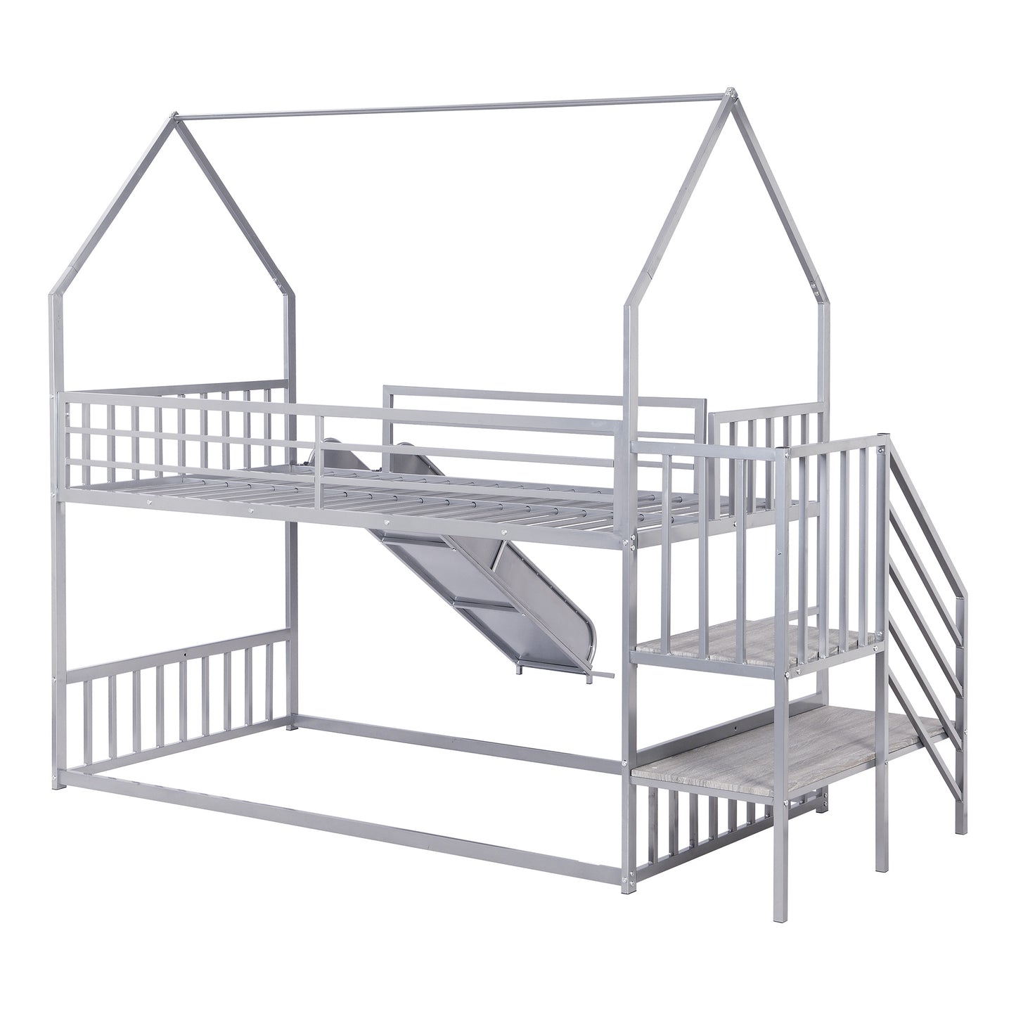 Twin over Twin Metal Bunk Bed w/Slide & Staircase