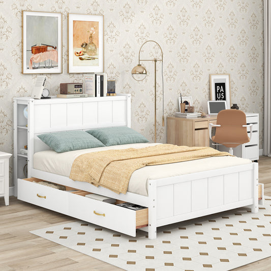 Full Size Platform Bed with Drawers and Storage Shelves