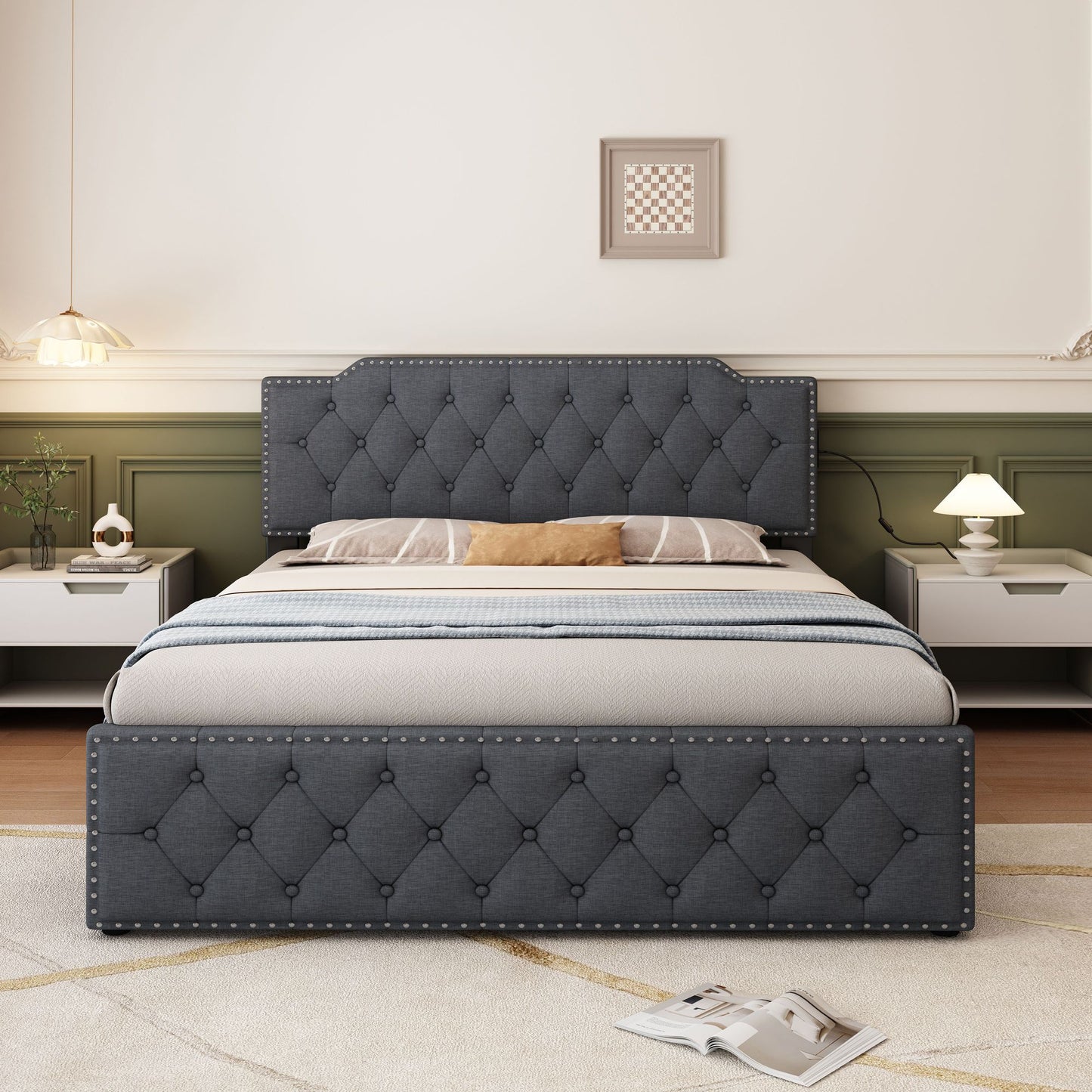 Queen Size Upholstered Platform Bed w/ Twin Size Trundle & USB Ports