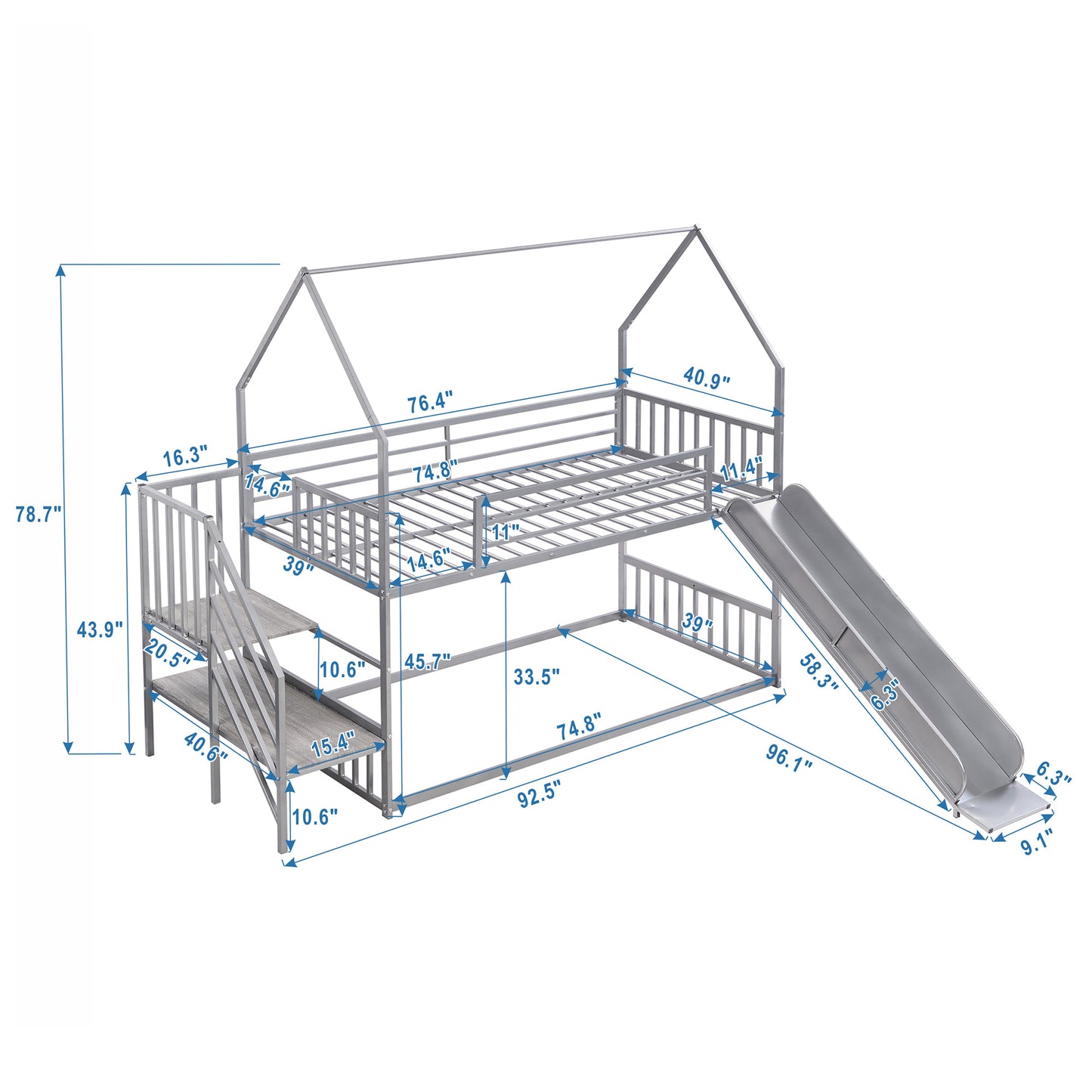 Twin over Twin Metal Bunk Bed w/Slide & Staircase