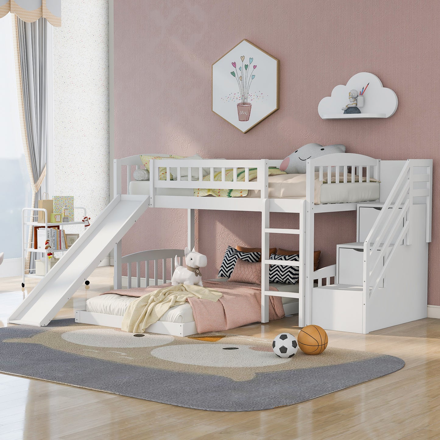 Stairway Twin over Twin Bunk Bed w/Two Drawers and Slide