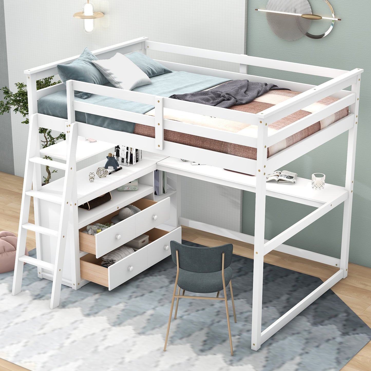 Full Size Loft Bed w/Desk, Shelves &Two Built-in Drawers