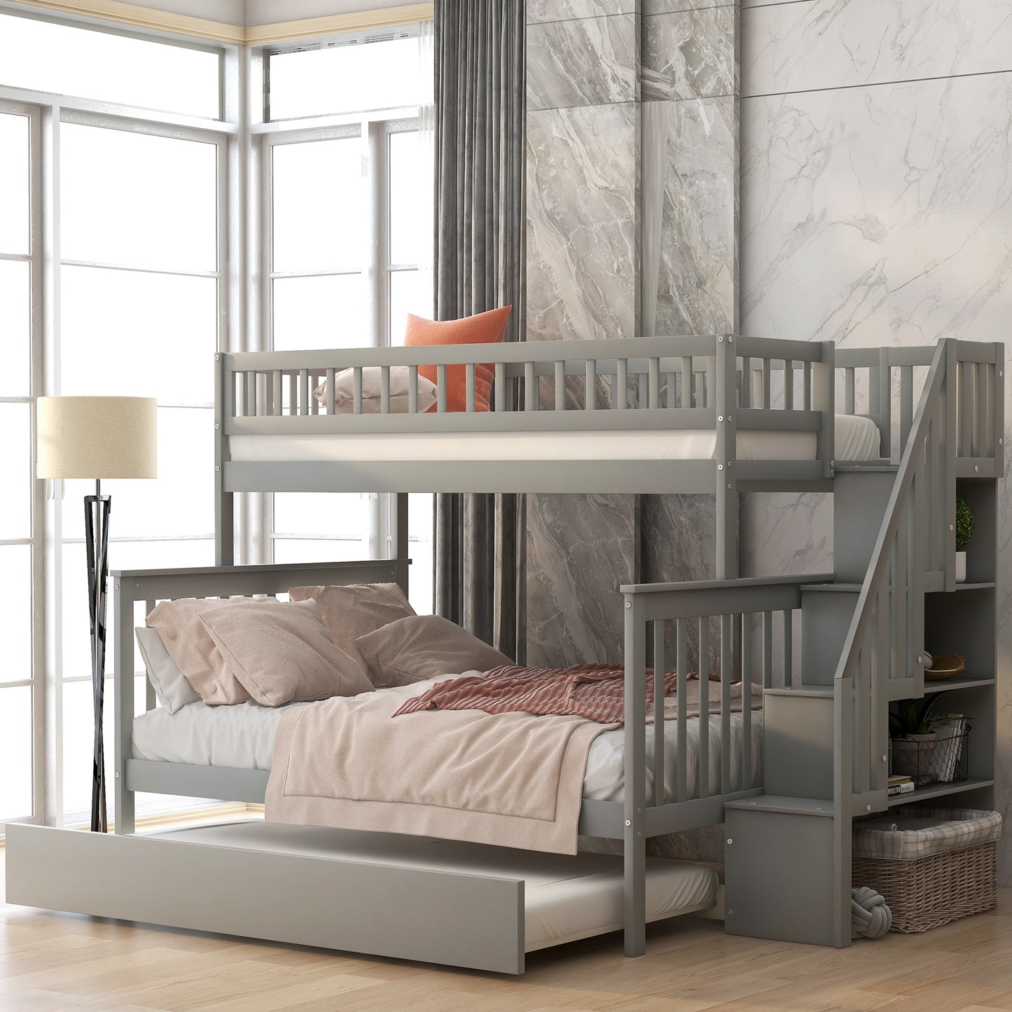 Twin over Full Bunk Bed w/Trundle & Staircase